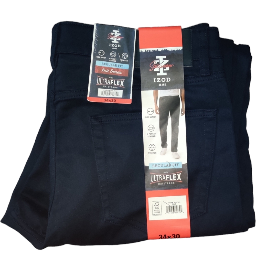 IZOD Men’s Ultraflex Regular Fit Knit Denim Stretch 5 Pocket Jeans, Blue, 34x30